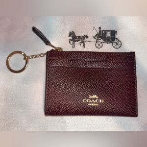 Coach Burgundy Pebbled Leather Cardholder with Gold Keychain